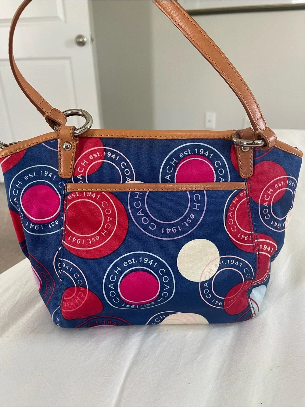 Coach Navy Multicolor Circle Print Shoulder Tote with Tan Leather Trim